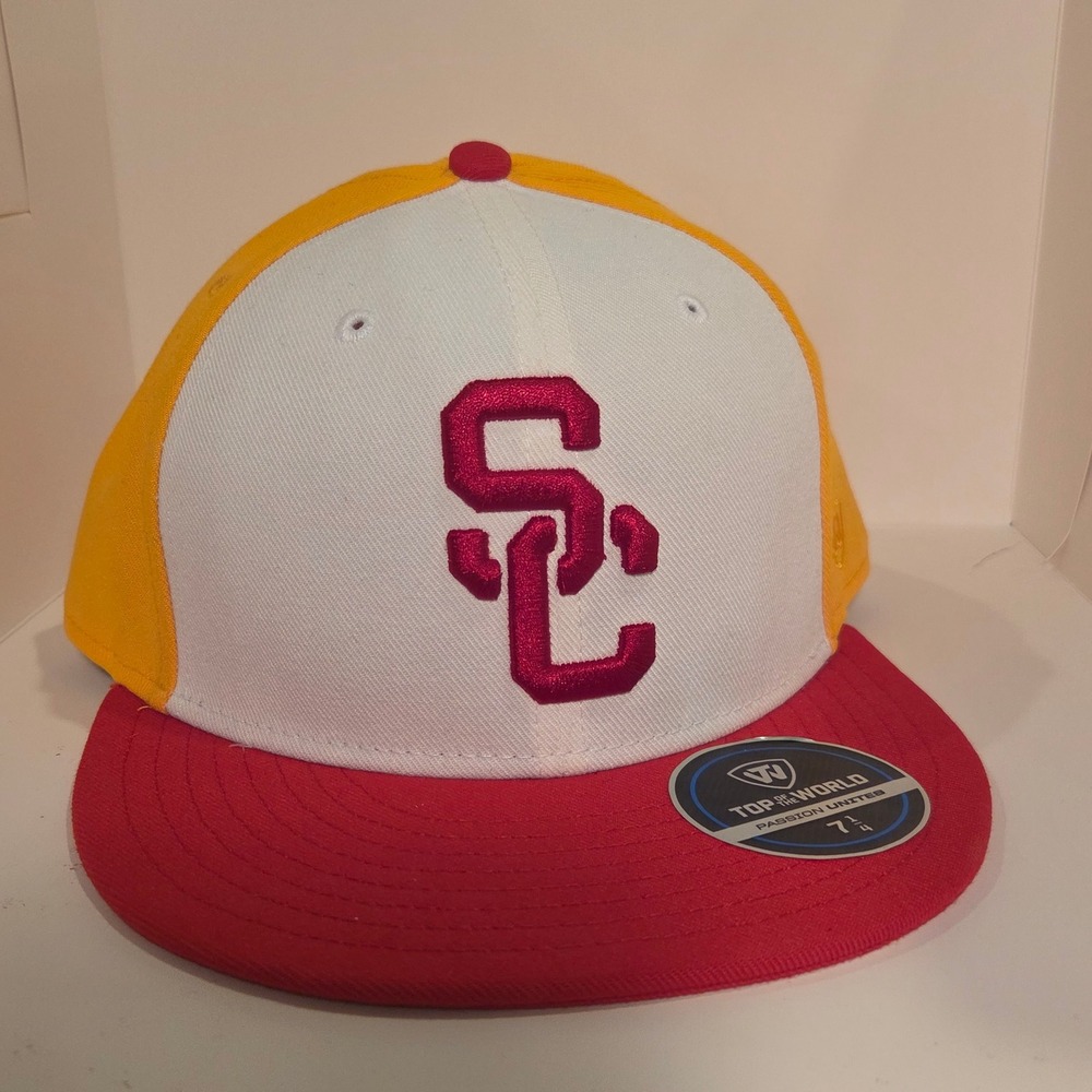 USC Trojans Tri-Tone Heritage Collector White Cardinal Fitted Hat 7 1/4 FlatBrim
